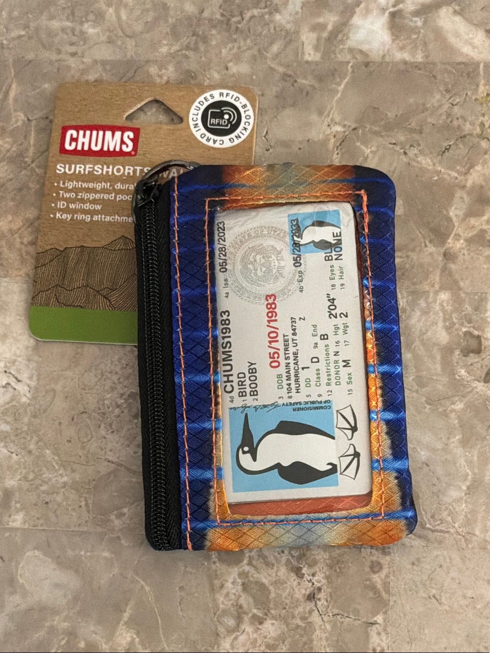CHUMS Blue Orange Surfshorts Wallet with ID Window
